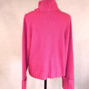 Hot Pink Chunky Turtleneck Sweater Cuffed Sleeve